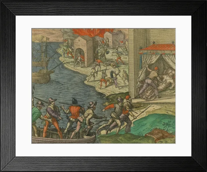Framed Print : The scene appears to be based on the story in which Spaniard convict guided five French privateers ships to Cartagena, in the 16th century