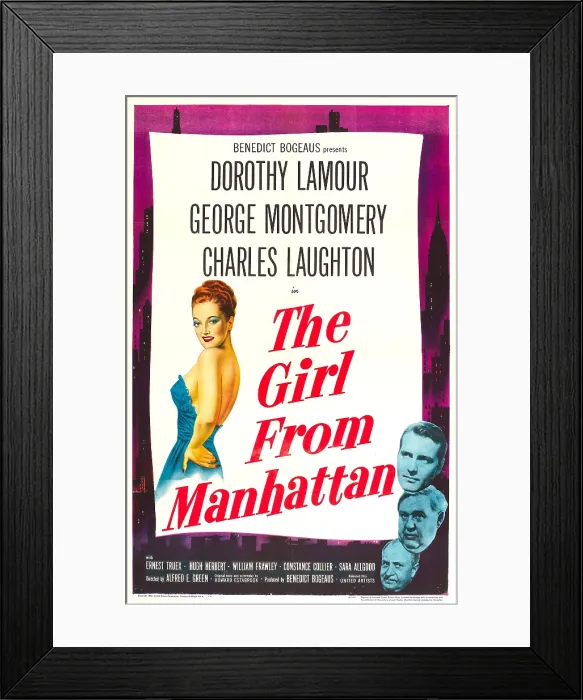 Framed Print : THE GIRL FROM MANHATTAN, US poster, Dorothy Lamour (left), right from top: George Montgomery, Charles Laughton, Ernest Truex, 1948
