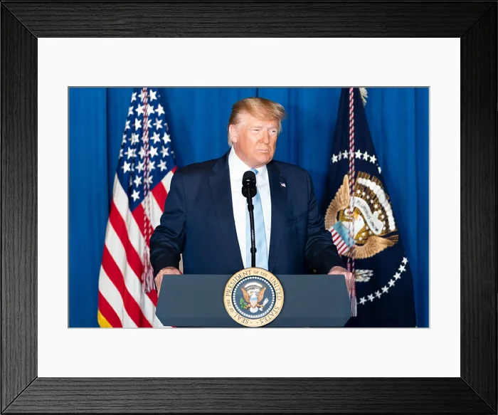 Framed Print : President Donald Trump holding a press conference, Friday, Jan. 3, 2020, following the US assassination of Iranian commander Qassim Soleimani (BSLOC_2020_1_225)