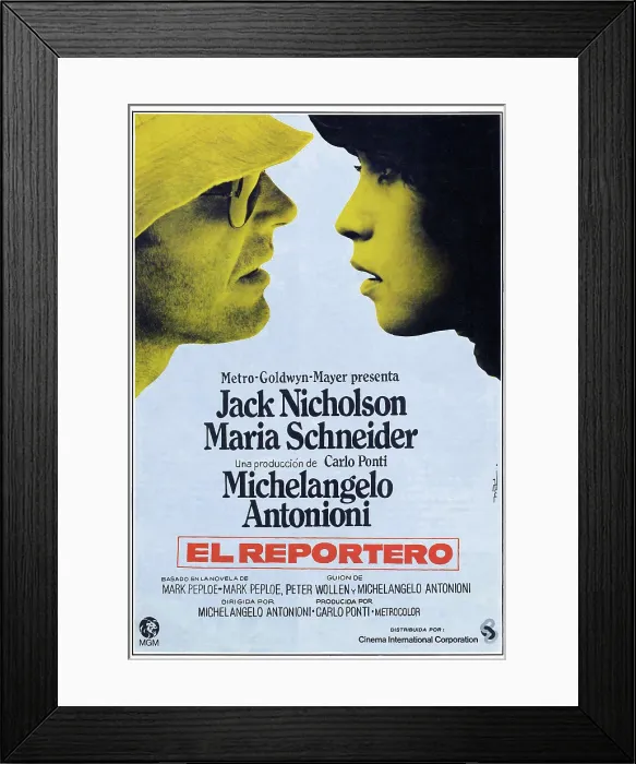 Framed Print : THE PASSENGER, (aka PROFESSIONE: REPORTER, aka EL REPORTERO), Spanish poster art, from left: Jack Nicholson, Maria Schneider, 1975