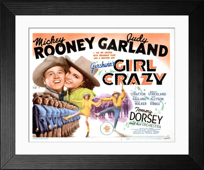 Framed Print : GIRL CRAZY, US poster, Mickey Rooney (top left, and bottom right), Judy Garland (top right, and bottom left in yellow), 1943 Framed Print : GIRL CRAZY, US poster, Mickey Rooney (top left, and bottom right), Judy Garland (top right, and bottom left in yellow), 1943