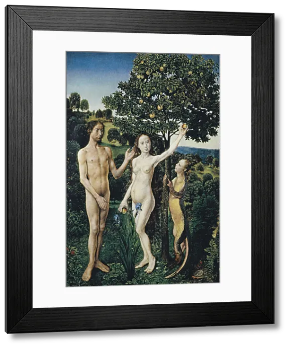 Framed Print : Goes, Hugo van der, also called 'Hugues de Gand' (1440-1482). Diptych: The Fall of Man and The Lamentation. 1467-1468. The original sin. Flemish art. Oil on wood Framed Print : Goes, Hugo van der, also called 'Hugues de Gand' (1440-1482). Diptych: The Fall of Man and The Lamentation. 1467-1468. The original sin. Flemish art. Oil on wood