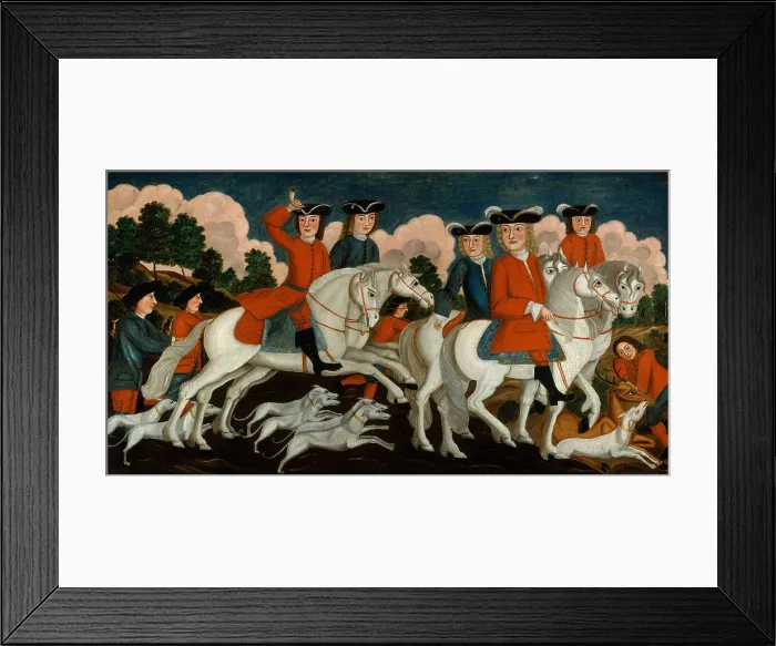Framed Print : HUNTING PARTY- NEW JERSEY, 1750, unknown, American Colonial painting, oil on canvas. In English style riding habits, five riders and hounds take down a stag Framed Print : HUNTING PARTY- NEW JERSEY, 1750, unknown, American Colonial painting, oil on canvas. In English style riding habits, five riders and hounds take down a stag