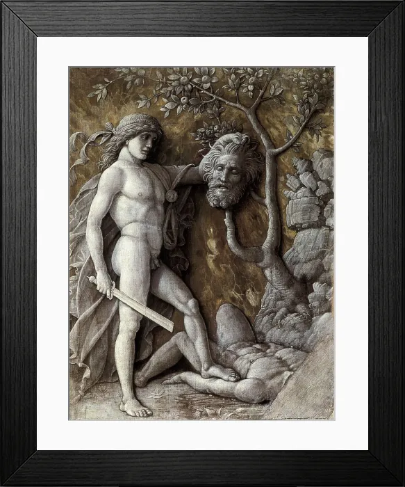 Framed Print : MANTEGNA, Andrea (1431-1506). David with the Head of Goliath. 1490. Copy of some reliefs with monochrome painting. Renaissance art. Quattrocento. Oil on canvas. AUSTRIA. Vienna