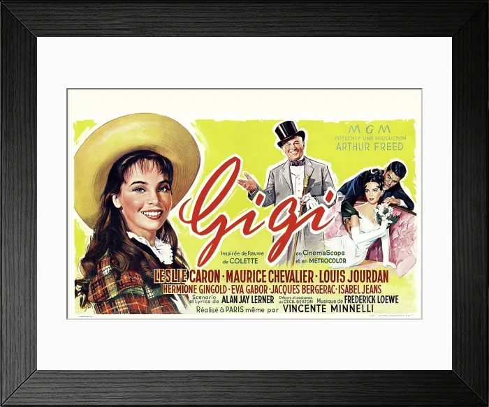 Framed Print : GIGI, from left: Leslie Caron, Maurice Chevalier, Louis Jourdan, Leslie Caron (seated), 1958