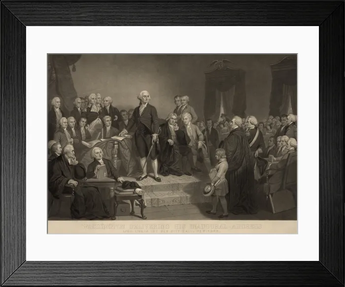 Framed Print : George Washington delivering his inaugural address to Congress, April 1789. The scene shows a few women in attendance. Mezzotint engraving after painting by H.S