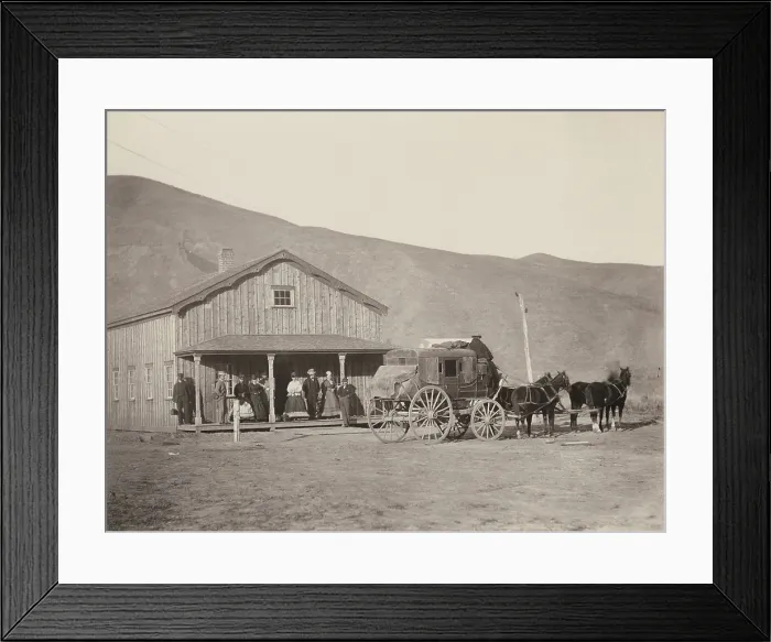 Framed Print : The railroad directors and women in city dress, at an Echo City, Utah, stage coach depot, ca. 1868-69. Echo became a coaling and water station for the UPRR