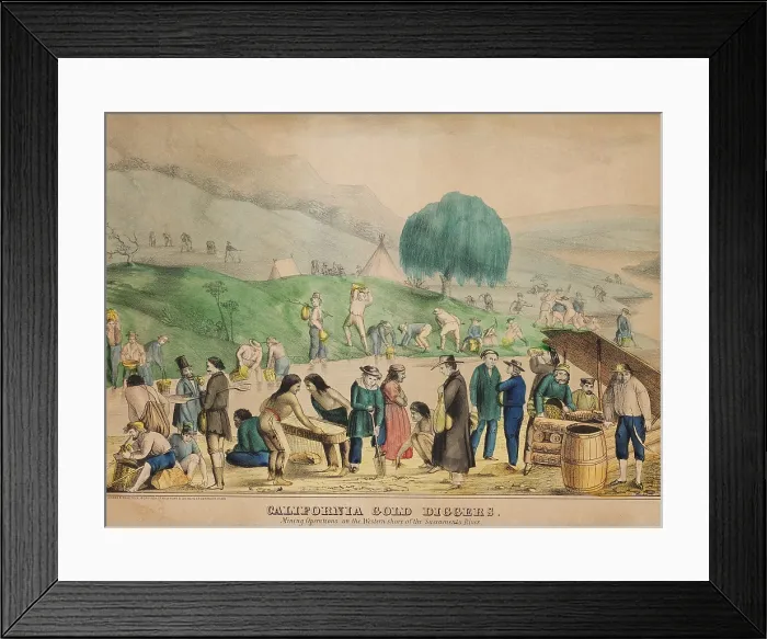 Framed Print : CALIFORNIA GOLD DIGGERS. Mining operations on the western shore of the Sacramento River engage a multi-ethnic group of about 60 people Framed Print : CALIFORNIA GOLD DIGGERS. Mining operations on the western shore of the Sacramento River engage a multi-ethnic group of about 60 people