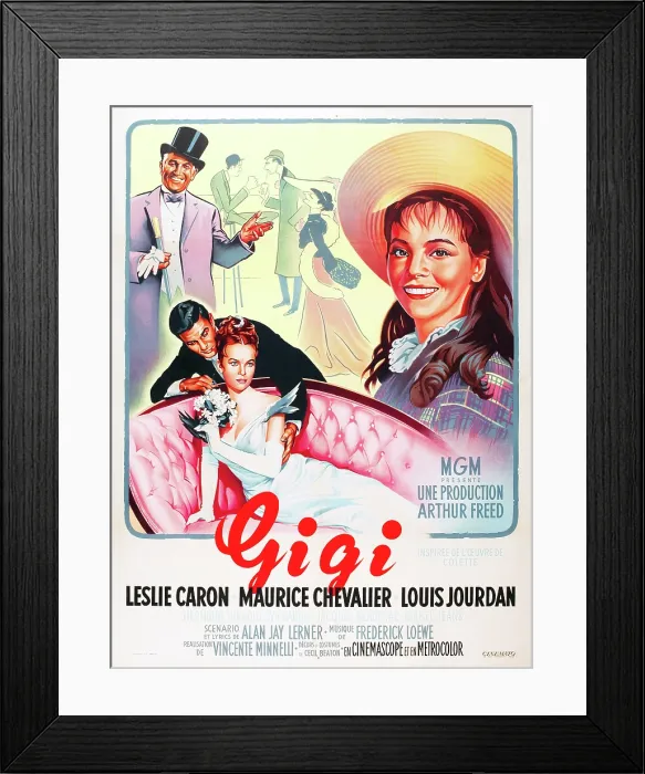Framed Print : GIGI, l-r: Maurice Chevalier, Louis Jourdan, Leslie Caron on French poster art, 1958