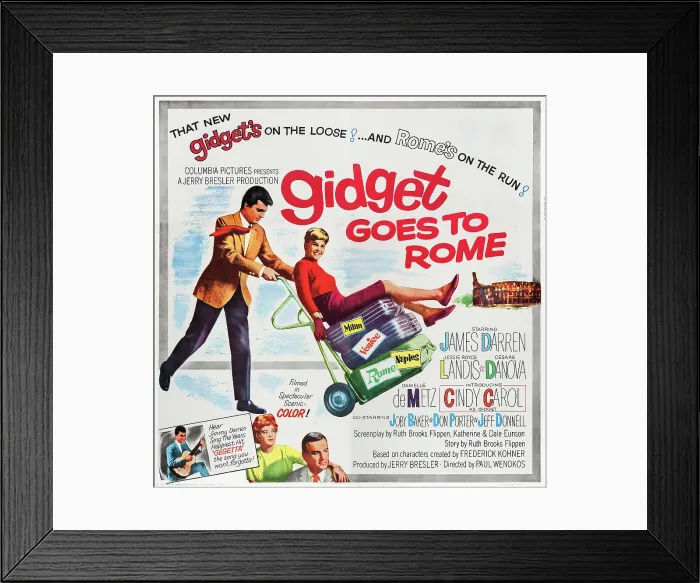 Framed Print : GIDGET GOES TO ROME, top l-r: James Darren, Cindy Carol, bottom l-r: James Darren, Jeff Donnell, Don Porter on poster art, 1963