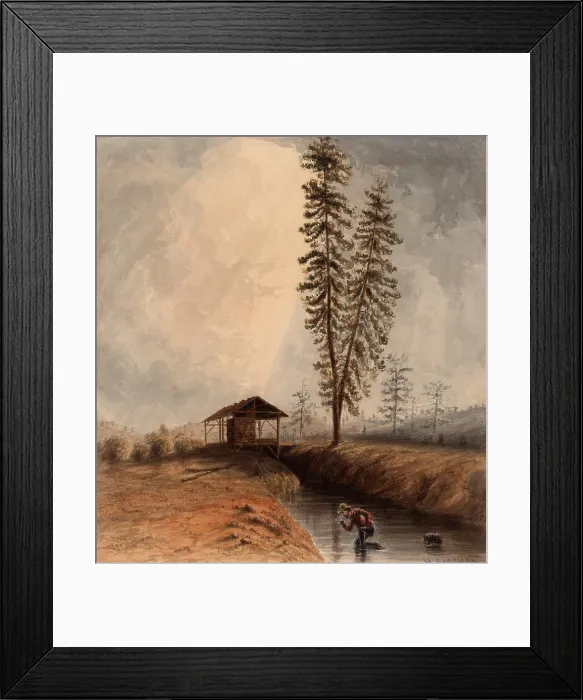 Framed Print : DISCOVERY OF GOLD IN A TRENCH, SACRAMENTO RIVER, CALIFORNIA, 1852, by Harrison Eastman. A miner pans for gold in a stream near a mill (BSLOC_2020_1_29)