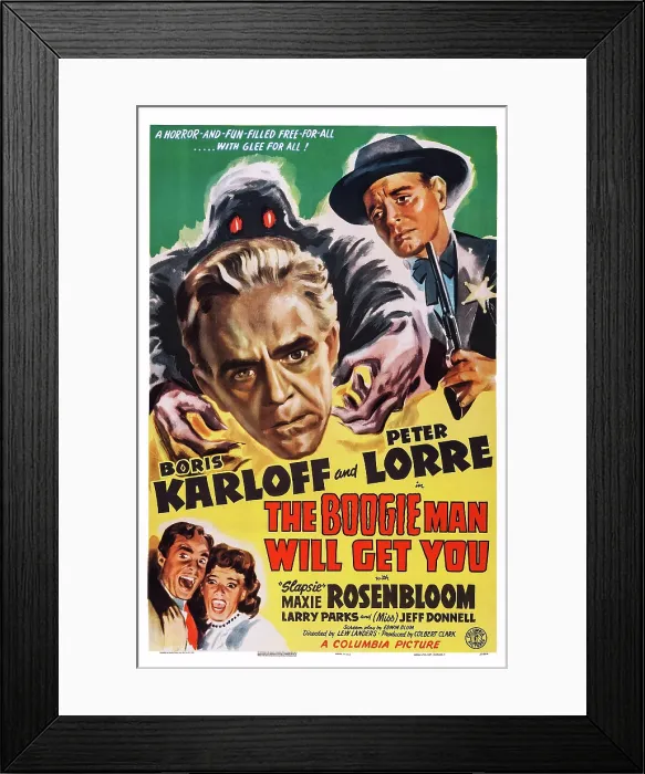 Framed Print : THE BOOGIE MAN WILL GET YOU, US poster, top from left: Boris Karloff, Peter Lorre, bottom from left: Larry Parks, Jeff Donnell, 1942