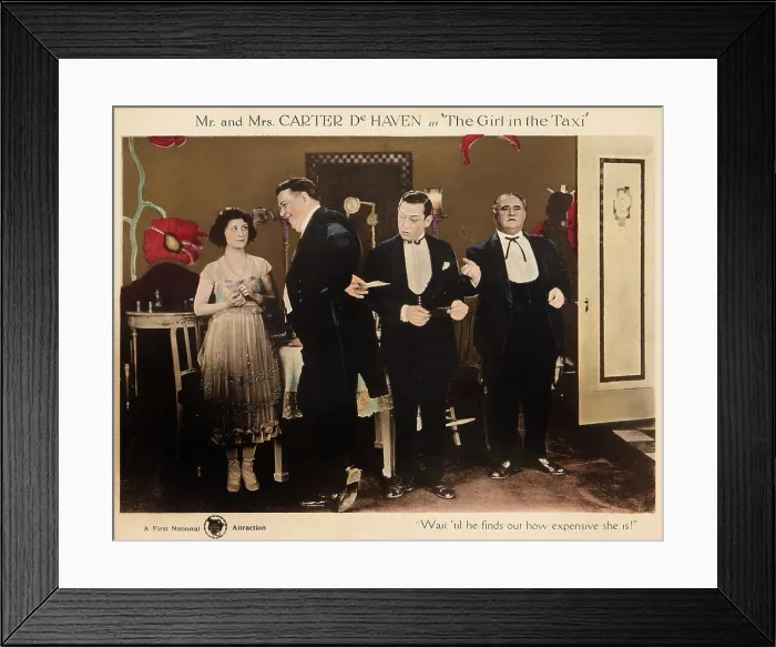 Framed Print : THE GIRL IN THE TAXI, left: Flora Parker DeHaven, second from right: Carter DeHaven on lobbycard, 1921