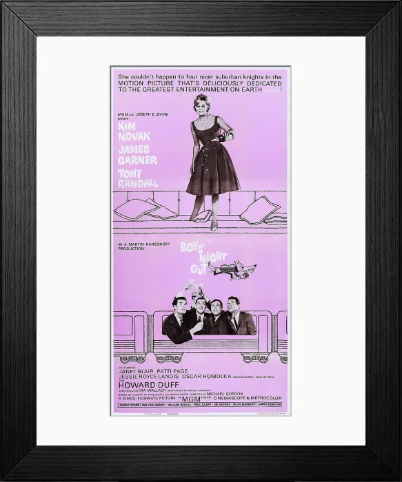 Framed Print : BOYS NIGHT OUT, US poster art, top: Kim Novak; bottom from left: James Garner, Tony Randall, Howard Morris, Howard Duff, 1962 Framed Print : BOYS NIGHT OUT, US poster art, top: Kim Novak; bottom from left: James Garner, Tony Randall, Howard Morris, Howard Duff, 1962