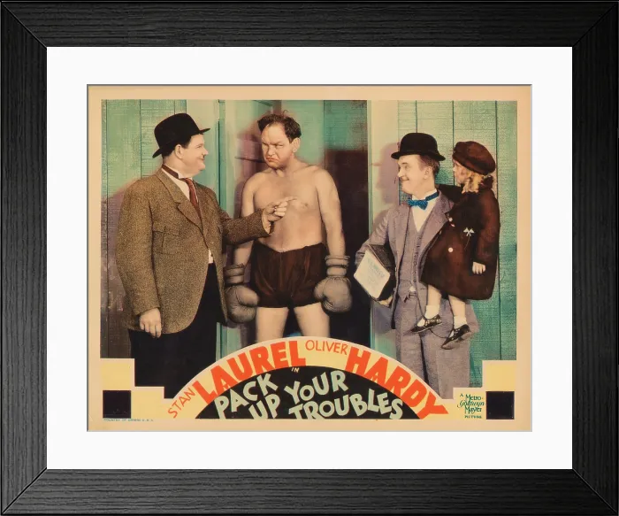 Framed Print : PACK UP YOUR TROUBLES, lobbycard, from left: Oliver Hardy, Richard Cramer, Stan Laurel, Jackie Lyn Dufton, 1932