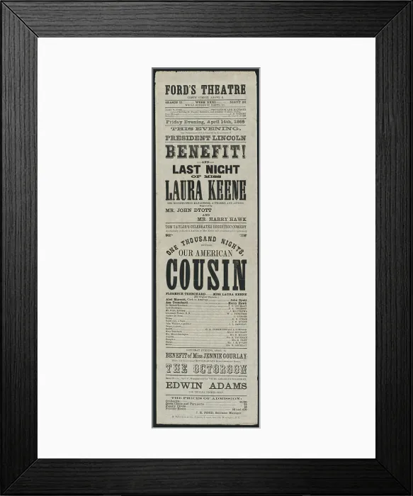 Framed Print : Advertisement for the April 14, 1865 performance of Our American Cousin starring Laura Keene at Ford's Theater