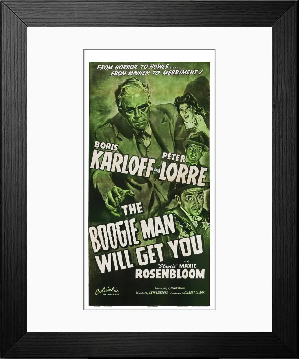 Framed Print : THE BOOGIE MAN WILL GET YOU, US poster art, from top left: Boris Karloff, Jeff Donnell, Max Rosenbloom, Peter Lorre, 1942