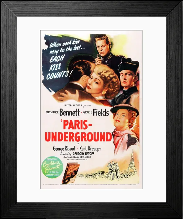 Framed Print : PARIS UNDERGROUND, US poster art, Kurt Kreuger (top), Constance Bennett (center), Gracie Fields (bottom right), Charles Andre (center right), 1945