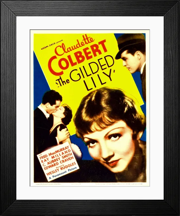 Framed Print : THE GILDED LILY, from left: Fred MacMurray, Claudette Colbert, far right: Ray Milland on midget window card, 1935