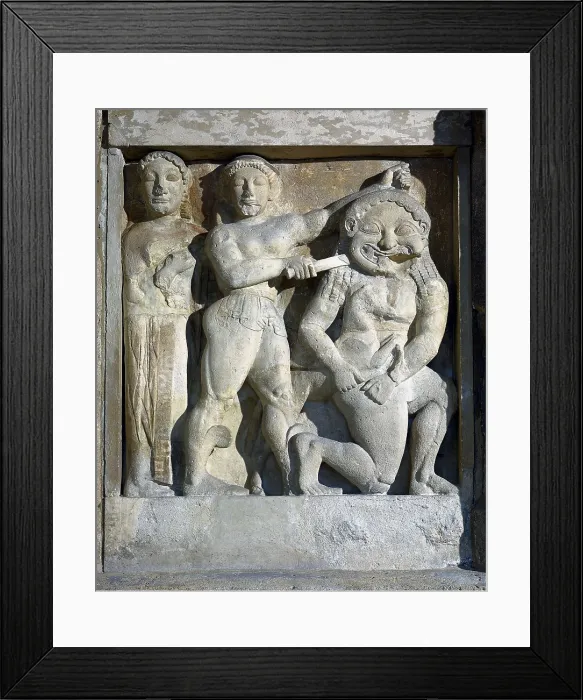 Framed Print : Perseus and Medusa. 301 BC. Metope. Greek art. Relief on marble. ITALY. Palermo. Museo Archeologico Regionale (Regional Archaeological Museum). Proc: ITALY. Selinunte