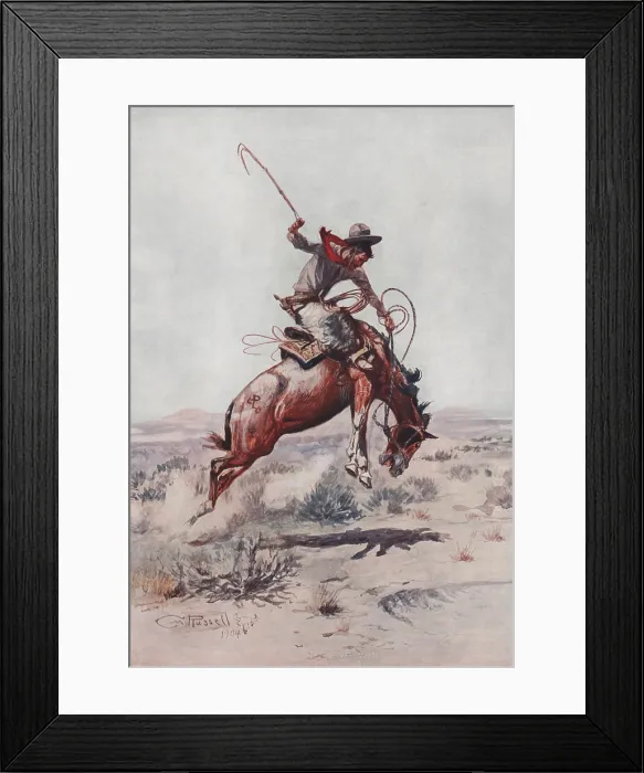 Framed Print : THE BUCKING BRONCO, by Charles Marion Russell. The image is an offset lithographic reproduction of a 1904 painting (BSLOC_2020_1_56)