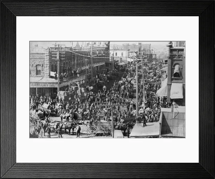 Framed Print : The streets of Gurthrie, Oklahoma, are crowed with wagons of bailed cotton and hundreds of people. Photo was taken by Harmon T Framed Print : The streets of Gurthrie, Oklahoma, are crowed with wagons of bailed cotton and hundreds of people. Photo was taken by Harmon T