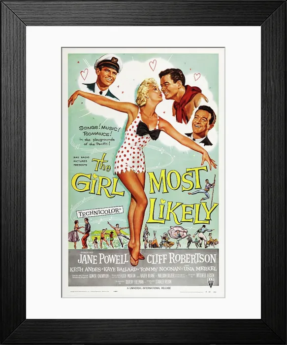 Framed Print : THE GIRL MOST LIKELY, US poster art, from left: Keith Andes, Jane Powell, Cliff Robertson, Tommy Noonan, 1958