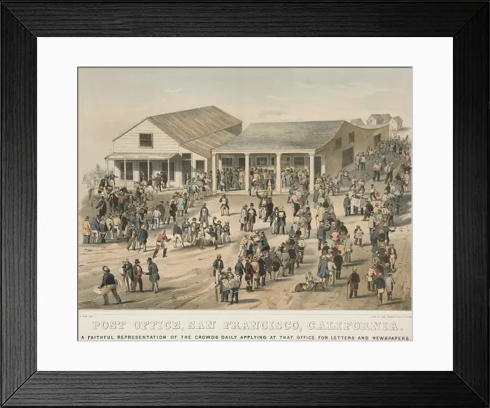 Framed Print : POST OFFICE, SAN FRANCISCO, CALIFORNIA. Crowds gathered daily to receive letters and newspapers, ca. 1850 (BSLOC_2020_1_67) Framed Print : POST OFFICE, SAN FRANCISCO, CALIFORNIA. Crowds gathered daily to receive letters and newspapers, ca. 1850 (BSLOC_2020_1_67)