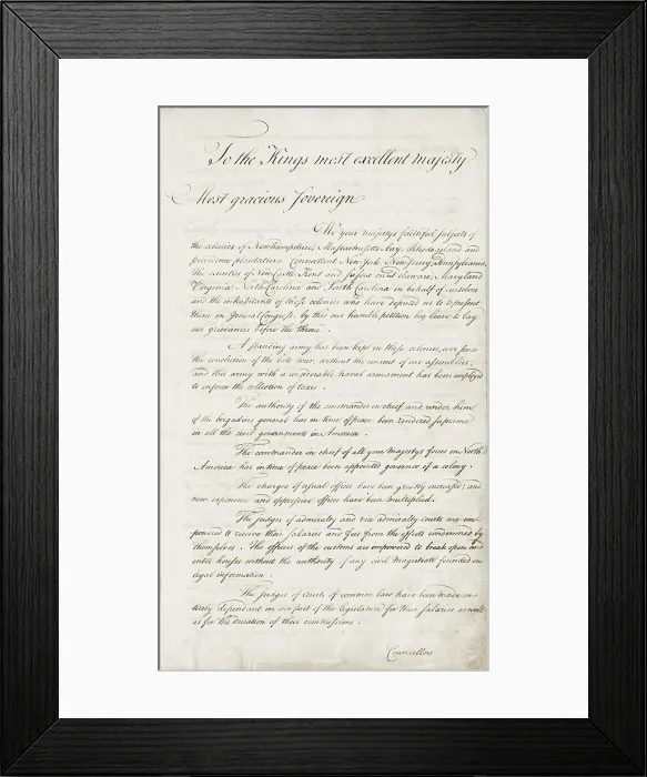 Framed Print : American Revolution, First Continential Congress, Philadelphia, 1774. First page of the Petition of the Continental Congress to the King, Oct. 26, 1774