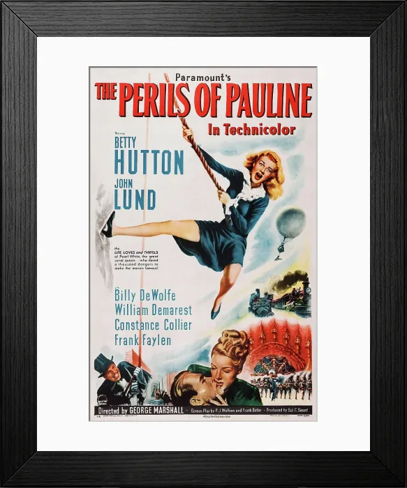 Framed Print : THE PERILS OF PAULINE, US poster, Betty Hutton (top), bottom from left: Billy De Wolfe, John Lund, Betty Hutton, 1947 Framed Print : THE PERILS OF PAULINE, US poster, Betty Hutton (top), bottom from left: Billy De Wolfe, John Lund, Betty Hutton, 1947
