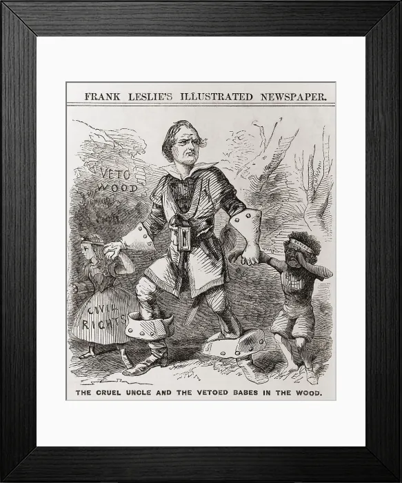 Framed Print : THE CRUEL UNCLE AND THE VETOED BABES IN THE WOOD, is a political cartoon about President Andrew Johnson's controversial vetoes of 1866