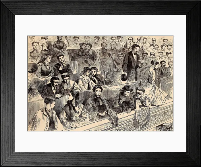 Framed Print : Single women and those with a male escort occupy the Ladies gallery in the Senate during the impeachment trial of President Andrew Johnson