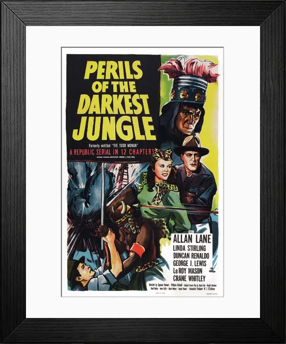 Framed Print : PERILS OF THE DARKEST JUNGLE, (aka THE TIGER WOMAN), bottom l-r: Linda Stirling, Allan Lane, 1944 Framed Print : PERILS OF THE DARKEST JUNGLE, (aka THE TIGER WOMAN), bottom l-r: Linda Stirling, Allan Lane, 1944