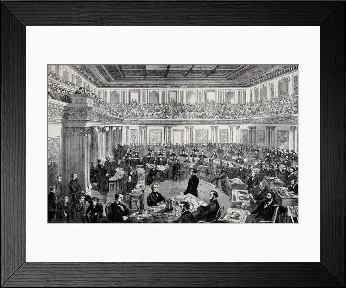 Framed Print : Andrew Johnson's impeachment in the United States Senate. Wood engraving of eye-witness drawing by Theodore R. Davis, published in Harper's Weekly, April 11, 1868