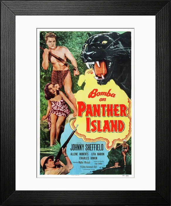 Framed Print : BOMBA ON PANTHER ISLAND, US poster, left from top: Johnny Sheffield, Lita Baron, Harry Lewis, 1949 Framed Print : BOMBA ON PANTHER ISLAND, US poster, left from top: Johnny Sheffield, Lita Baron, Harry Lewis, 1949