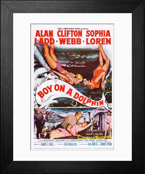 Framed Print : BOY ON A DOLPHIN, US poster, center from left: Alan Ladd, Sophia Loren, 1957. TM and Copyright 20th Century Fox Film Corp. All rights reserved. / courtesy Everett Collection