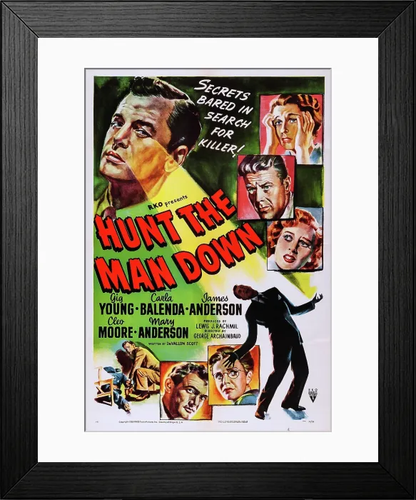 Framed Print : HUNT THE MAN DOWN, US poster, Gig Young (top left), right from top: Mary Anderson, Willard Parker, Lynne Roberts, James Anderson (bottom left), 1950