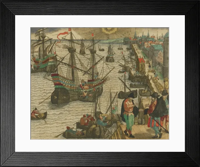 Framed Print : HARBOR SCENE AND DEPARTURE FROM LISBON, 1593, by Theodor de Bry. In lower right are three well-dressed men in discussion, likely the departure of the engravings title Framed Print : HARBOR SCENE AND DEPARTURE FROM LISBON, 1593, by Theodor de Bry. In lower right are three well-dressed men in discussion, likely the departure of the engravings title