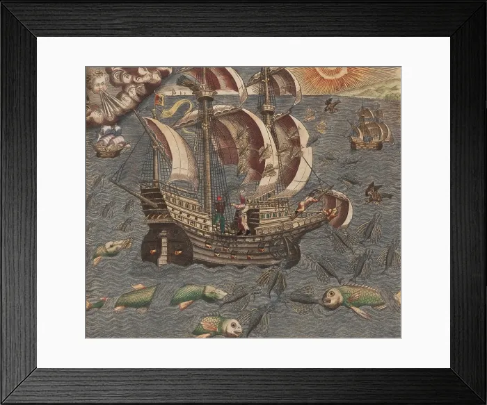 Framed Print : An armed sailing ship encounters winged flying fish on the Atlantic Ocean. The engraving was published in The Fourth Part of America Framed Print : An armed sailing ship encounters winged flying fish on the Atlantic Ocean. The engraving was published in The Fourth Part of America