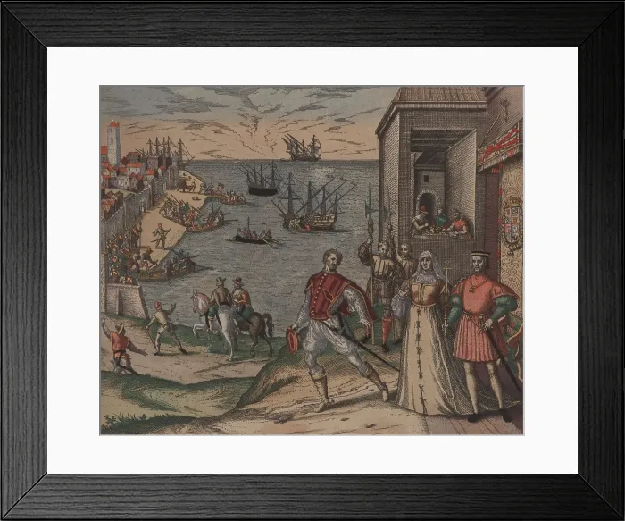 Framed Print : Christopher Columbus takes leave from his patrons King Ferdinand and Queen Isabella of Spain in 1492. In the background is the harbor of Cadiz Framed Print : Christopher Columbus takes leave from his patrons King Ferdinand and Queen Isabella of Spain in 1492. In the background is the harbor of Cadiz