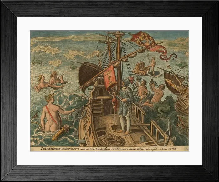 Framed Print : Christopher Columbus stands on a ships deck, as oceanic creatures, sea nymphs, and the classical sea god Poseidon / Neptune celebrate his voyage