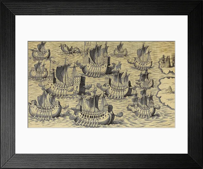 Framed Print : Christopher Columbuss Spanish royal patrons, Ferdinand and Queen Isabella, (far right) witness the beginning of Columbus second voyage