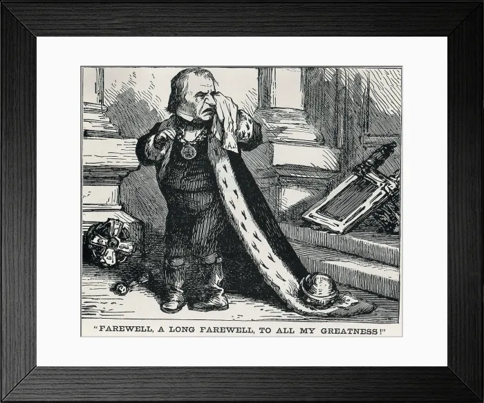 Framed Print : Cartoon of President Andrew Johnson, dressed in a king's robes, crying Framed Print : Cartoon of President Andrew Johnson, dressed in a king's robes, crying