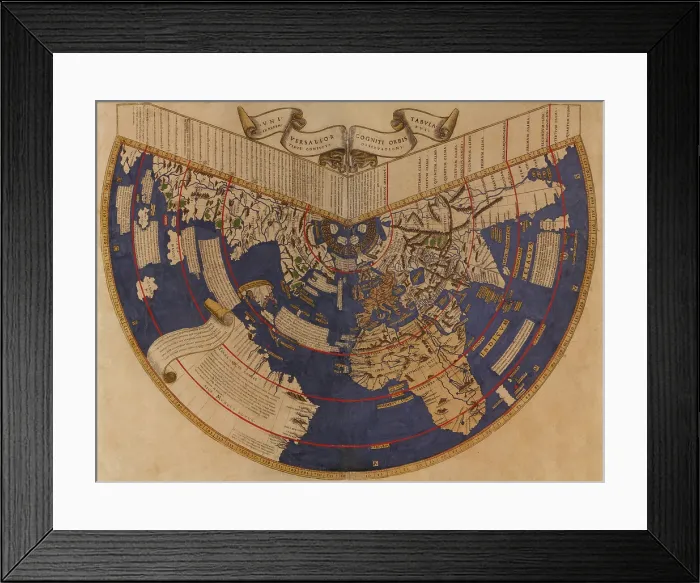 Framed Print : Johann Ruyschs map incorporates the New World discovered by the voyages of Christopher Columbus, John Cabot, and Amerigo Vespucci Framed Print : Johann Ruyschs map incorporates the New World discovered by the voyages of Christopher Columbus, John Cabot, and Amerigo Vespucci