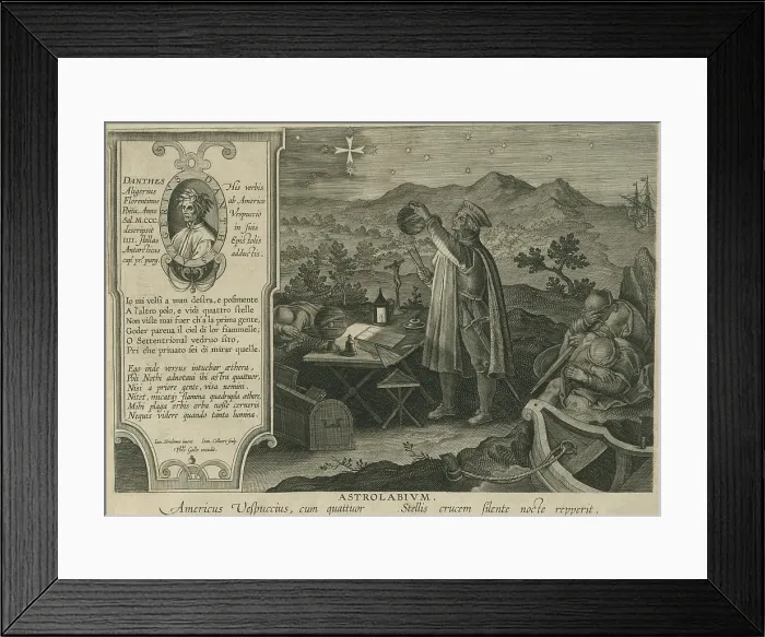 Framed Print : Vespucci studies the measurement of the earths sphere by observing the Southern Cross constellation while his crew sleeps