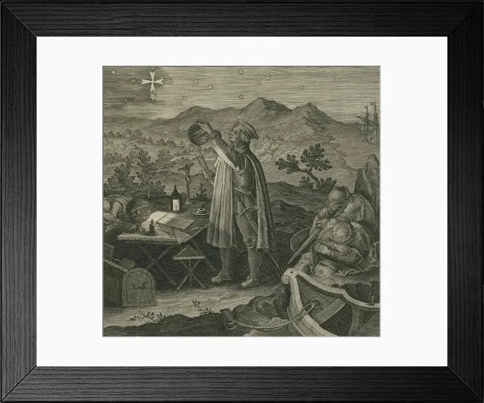 Framed Print : Vespucci studies the measurement of the earths sphere by observing the Southern Cross constellation while his crew sleeps Framed Print : Vespucci studies the measurement of the earths sphere by observing the Southern Cross constellation while his crew sleeps