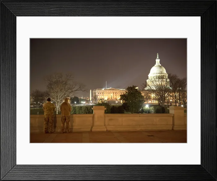 Framed Print : With the capitol in the background, Virginia National Guard soldiers stand guard in Washington, D.C. Jan. 11, 2021 Framed Print : With the capitol in the background, Virginia National Guard soldiers stand guard in Washington, D.C. Jan. 11, 2021