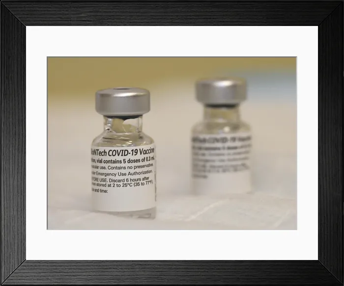 Framed Print : Pfizer-BioNTech COVID-19 vaccine vials. The vaccine was authorized for emergency use by the US Food and Drug Administration on Dec. 14, 2020 (BSLOC_2021_1_20)