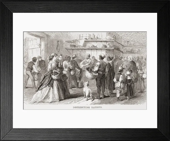 Framed Print : US Federal soldiers distribute food to black and white southerners in need after the US Civil War Framed Print : US Federal soldiers distribute food to black and white southerners in need after the US Civil War
