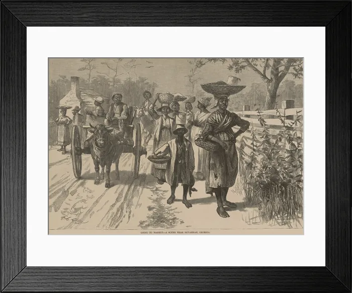 Framed Print : African Americans carrying food to market in baskets balanced on their heads and by ox-drawn cart near Savannah, Georgia, in 1875
